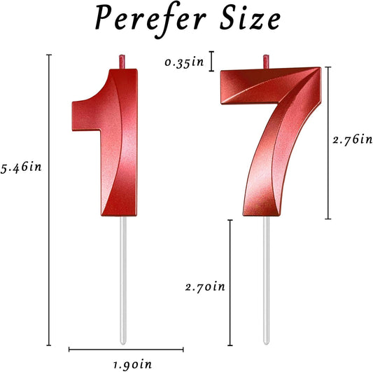 Red Number 17 Candles, 3D Diamond 2.76 Inch Cake Topper Birthday Candles for Wedding Anniversary Cake Decorations, Happy Birthday Party Decorations