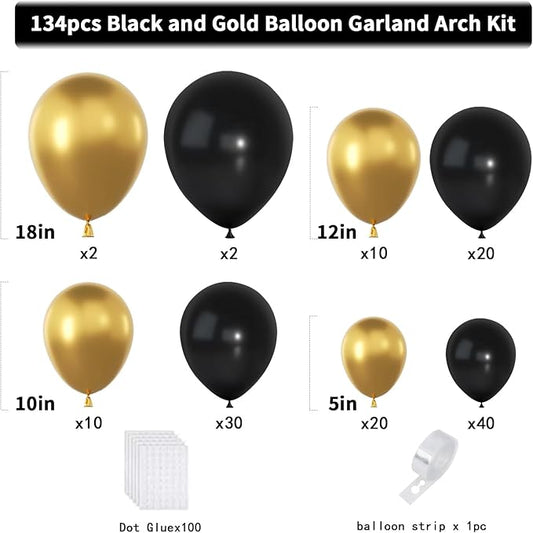 Black and Gold Balloons Garland Arch Kit, 134pcs Black and Metallic Gold Balloons with Different Size for Graduation, 2024 New Year, Birthday, Anniversary Party Decorations Supplies