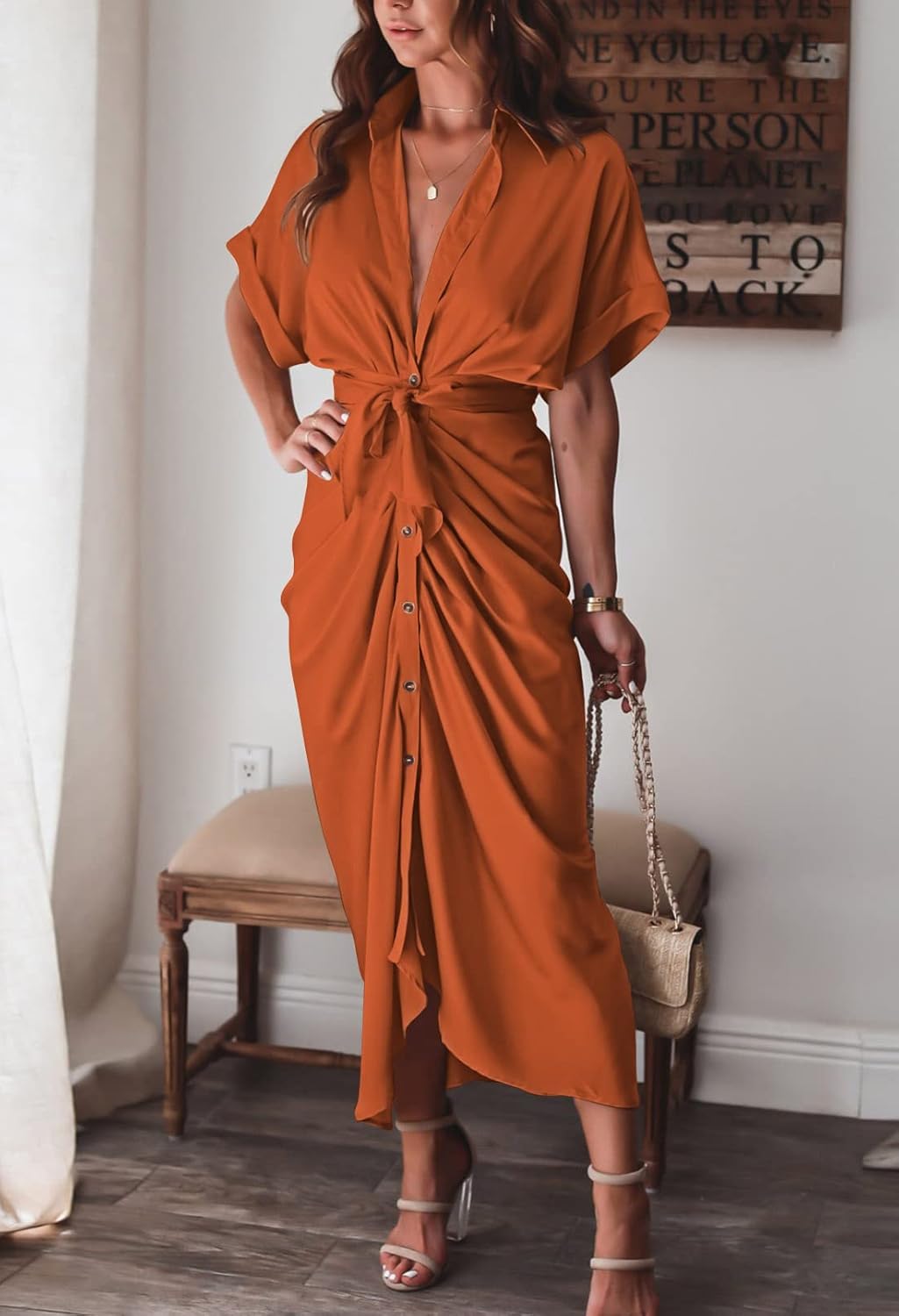 Women Elegant Satin Button Down Short Sleeve Maxi Shirt Dress with Belt