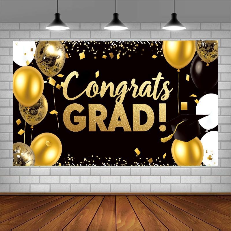Graduation Party Decorations Set 2025, Black and Gold Porch Banner with Backdrop, Class of 2025 Congrats Grad
