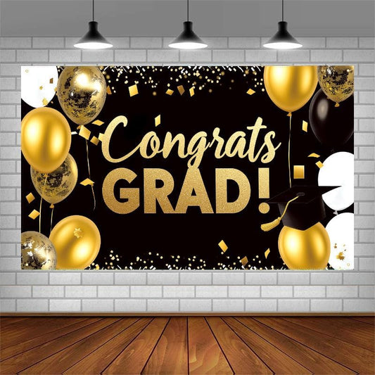 Graduation Party Decorations Set 2025, Black and Gold Porch Banner with Backdrop, Class of 2025 Congrats Grad