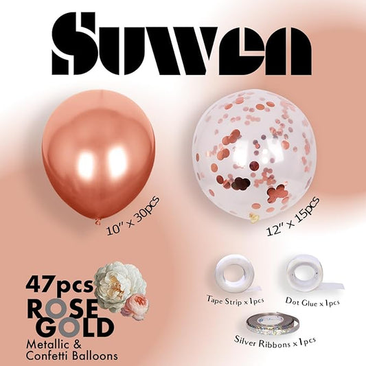 SUWEN Metallic Rose Gold Balloons and Confetti Balloons Set 47PCS Latex Helium Chrome Rose Gold Balloon for Birthday Wedding Anniversary Party Decorations