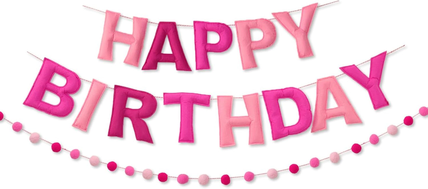 Pink Happy Birthday Banner Felt Ball Garland Pre-Strung Happy Birthday Sign for Party Backdrop Decorations Photo Prop
