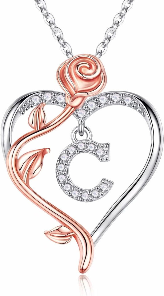 Iefil Rose Heart Necklaces Gifts for Women - 925 Sterling Silver Rose Heart Initial Necklace, Anniversary Birthday Gifts for Women, Jewelry Gift for Her Wife Girlfriend Mom Daughter
