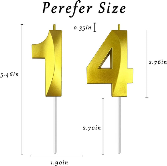 Gold Number 14 Candles, 3D Diamond 2.76 Inch Cake Topper Birthday Candles for Wedding Anniversary Cake Decorations, Happy Birthday Party Decorations