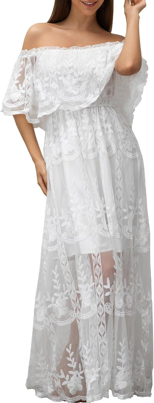 HOYISHION Women's Off The Shoulder Floral Lace Maxi Dress White Bridesmaid Wedding Party Maternity Photoshoot Long Dresses
