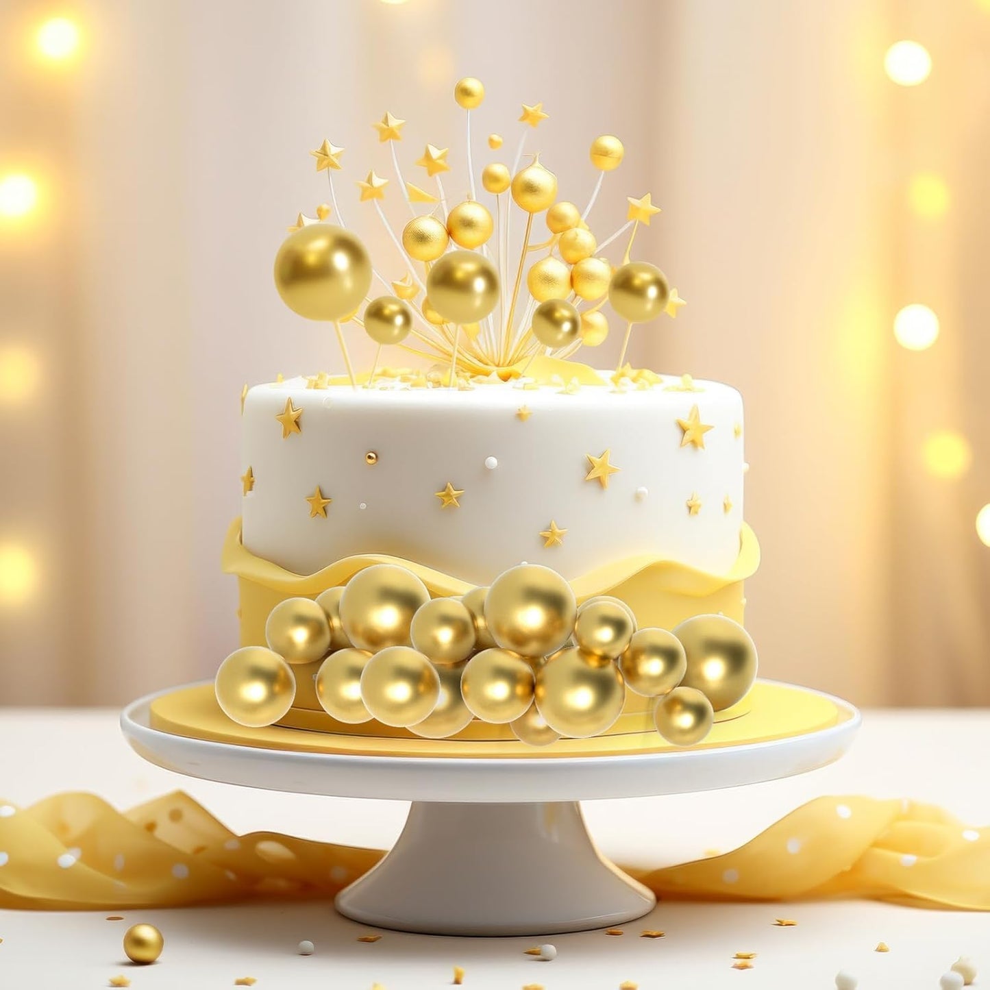138 Pcs Gold Balls Cake Topper Decorations Balloon Cupcake Toppers Foam Multisize Cake Topper Balls for Graduation Birthday Party Wedding Anniversary