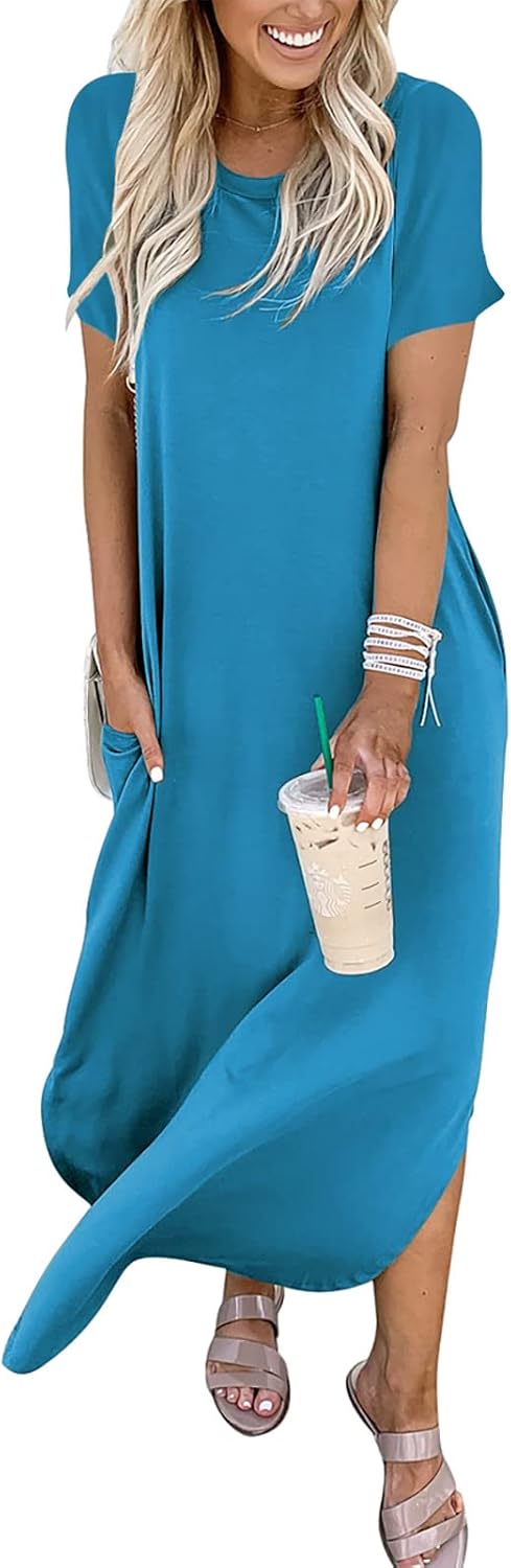 ANRABESS Womens Summer Maxi Dress Short Sleeve Casual Loose Long T Shirt Dresses Split Vacation Beach Sundress Travel Outfits