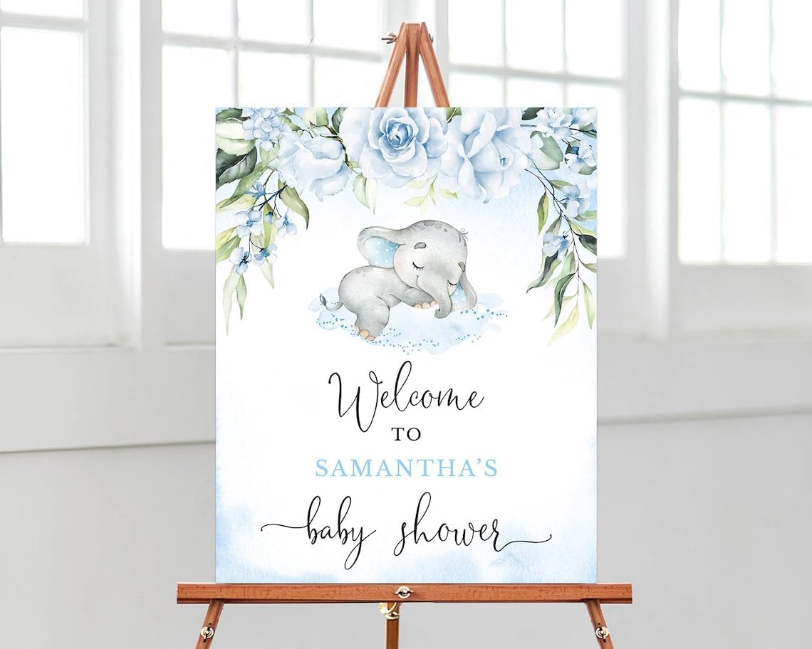 Editable Blue Boy Elephant Baby Shower Welcome Signs, Blue Floral Elephant Welcome to Baby Shower Printable, Personalized Welcome Signs for Baby, Plastic Sign, Baby Shower Decoration for Boys