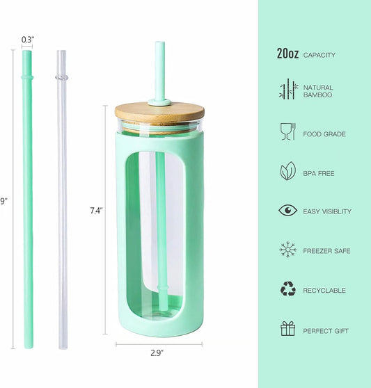 Kodrine 20oz Glass Water Tumbler with Straw and Lid, Bamboo Lids Water Bottle, Iced Coffee Cup Reusable, Wide Mouth Smoothie Cups with Protective Silicone Sleeve BPA FREE-Light Green