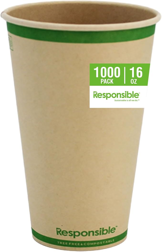 Responsible Products 16 oz Paper Hot Cups, Tree-Less™ Compostable Paper Coffee Cups, Extra Strength, Tree-Free and Made Without PFAS, Natural Brown (1000 Count)