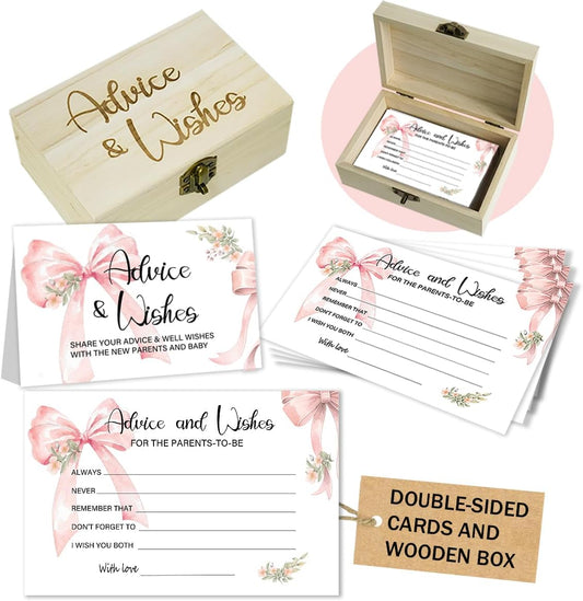50Pcs Pink Bow Baby Shower Advice Cards for Baby Shower Games, Bow Advice and Wish Cards Box for New Parents Baby Shower Decorations Girl（Bow)