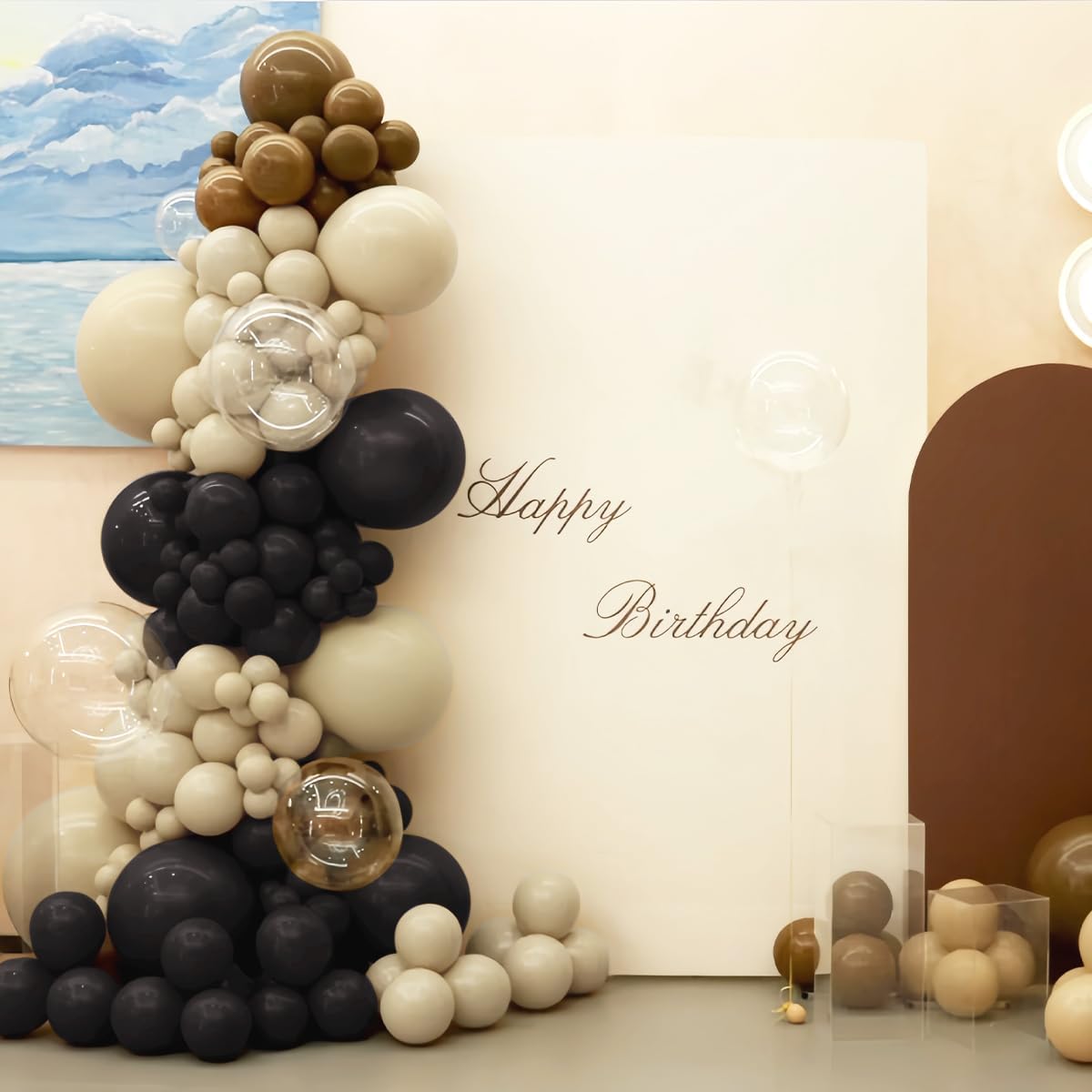 White Sand Black Balloons Arch Kit with Bobo Balloon, 151Pcs Latex Balloons Garland 18 12 10 5 inch for Birthday Wedding Bridal Shower Bachelorette Anniversary Party Decorations