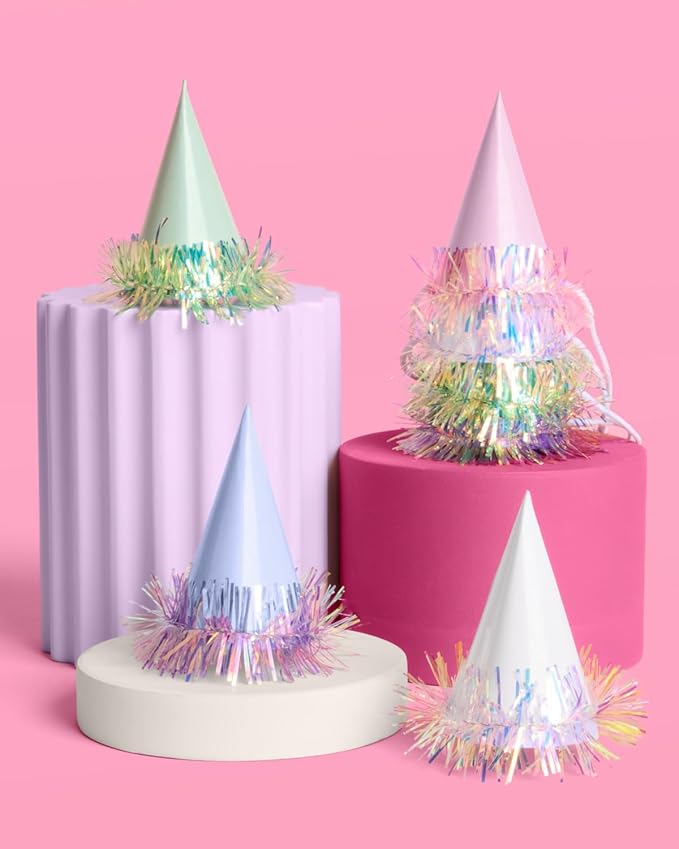 xo, Fetti Iridescent Foil Mini Party Hats, 10 pcs. | Cute Birthday Decorations, Bachelorette Hair Accessory, Kids Bday Outfit, Fun Dinner Celebration Decor