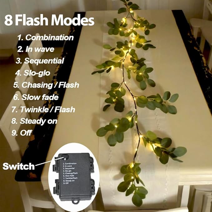 6.56FT Eucalyptus Garland with Lights 96 LEDs 8 Modes Battery Operated with Timer Faux Twig Vine Lights Spring Greenery Garlands for Mantle Fireplace Wall Table Stairs Wedding Party Bedroom Home Decor