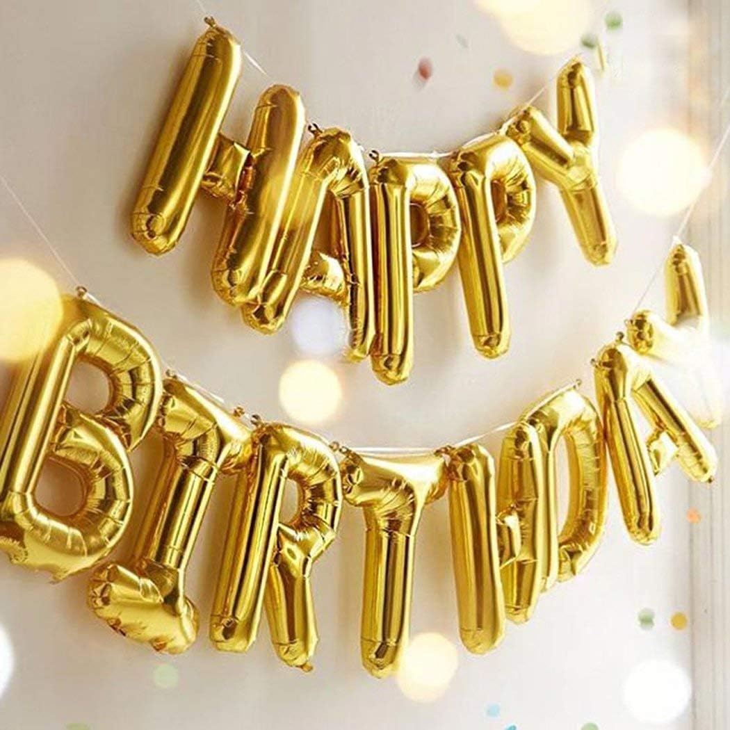 TONIFUL 3D Gold Happy Birthday Balloons Banner with Ribbon Straw, 16 Inch Mylar Foil Letters Birthday Sign Banner Balloon Bunting Reusable for Girls Boys Kids & Adults Birthday Halloween Supplies
