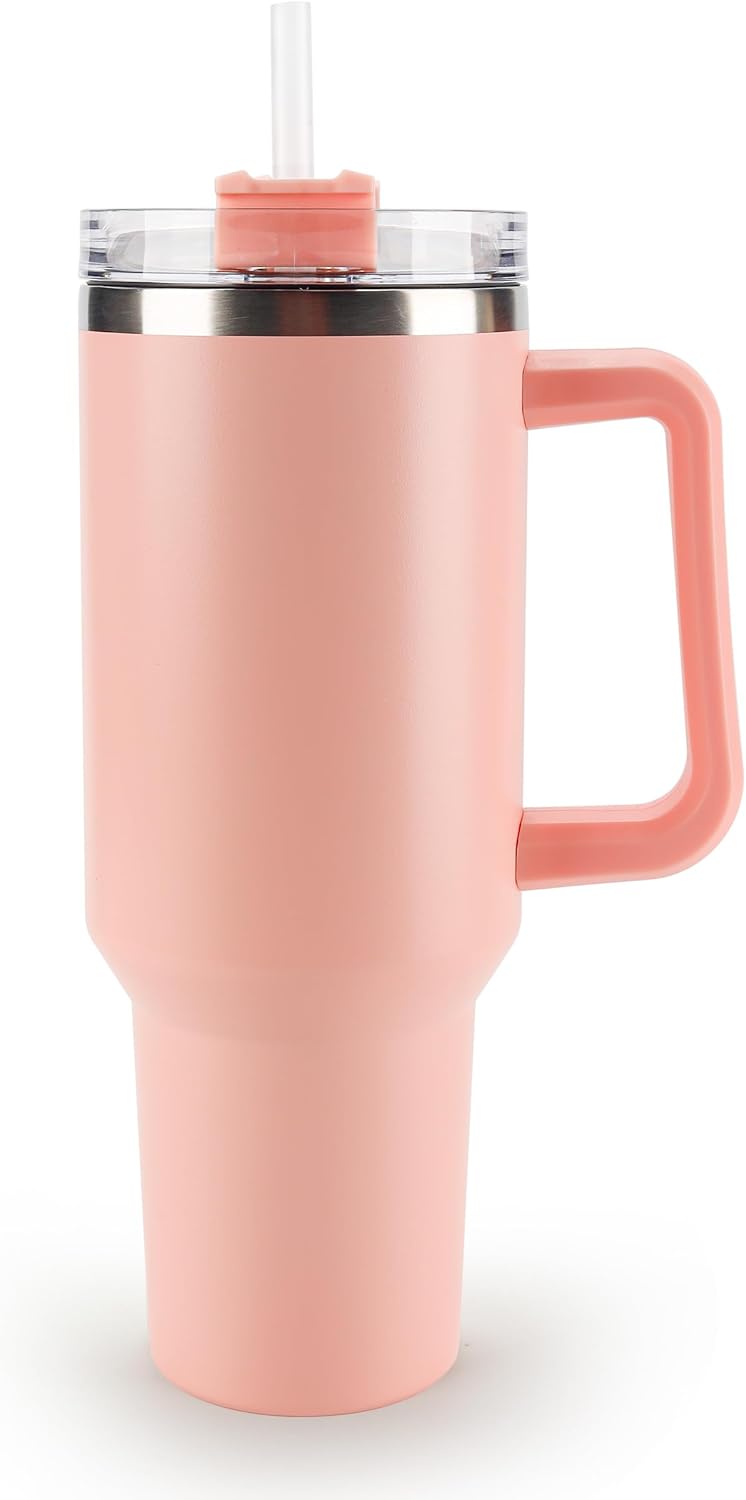 40 oz Tumbler with Handle and Straw Spill Proof Large Travel Coffee Mug Insulated Reusable Stainless Steel Cup with Lid Fit for Car Cup Holder(Pink)