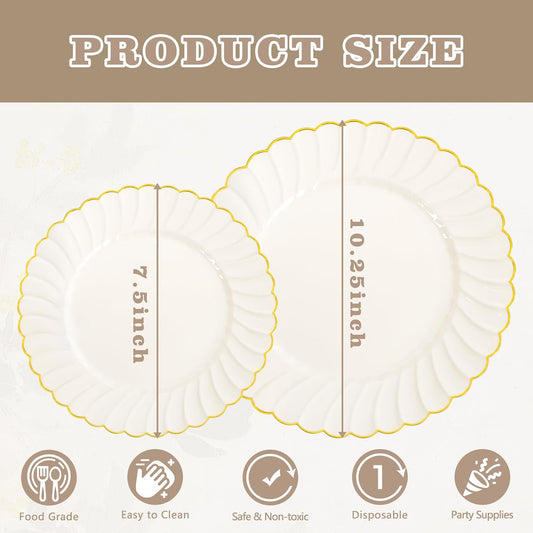 YOUBET 60PCS Ivory Scalloped Plastic Plates - Hard Craem and Gold Fancy Disposable Plates include 30 Gold Dinner Plate, 30 Dessert Plate for Party & Wedding & Thanksgiving
