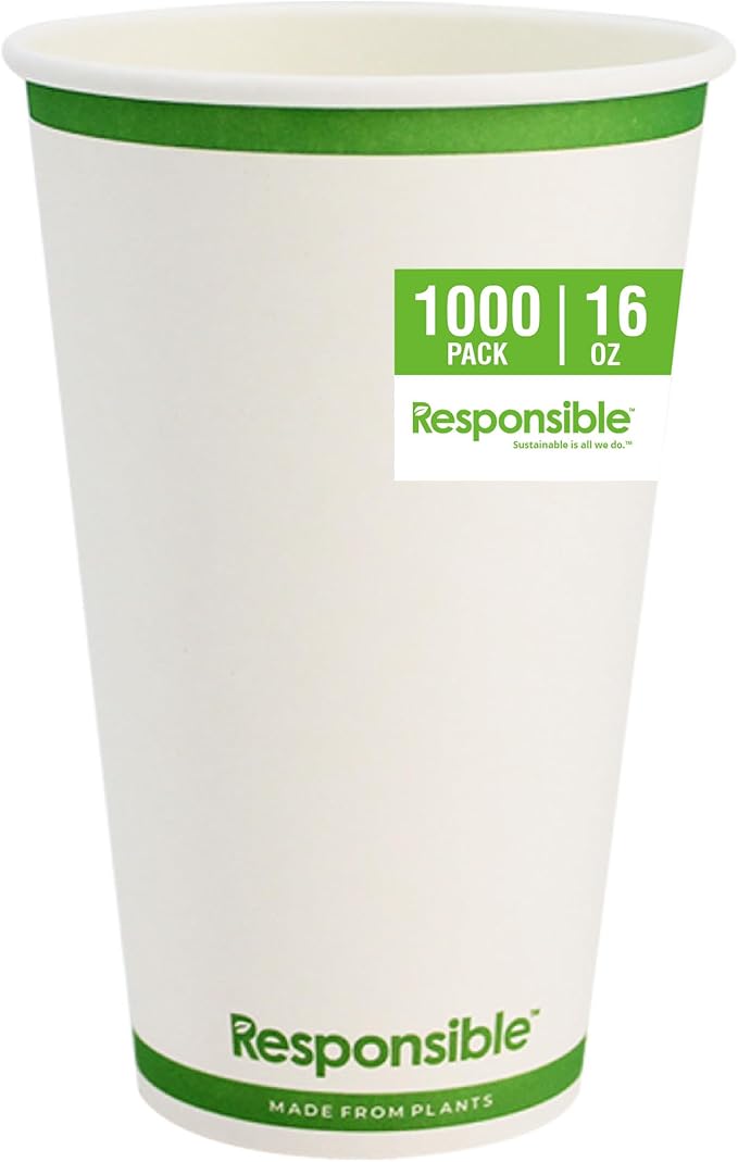Responsible Products 16 oz Paper Hot Cups, Tree-Less™ Compostable Paper Coffee Cups, Extra Strength, Tree-Free and Made Without PFAS, White (1000 Count)