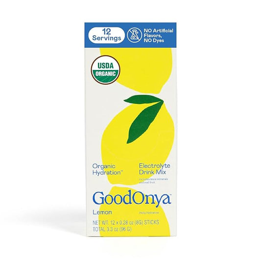 GOODONYA Organic Hydration Electrolyte Drink Mix, Certified Organic Hydration Powder, Non-GMO, Biochecked Glyphosate Free, Low Sugar, Lemonade Flavor, No Artificial Flavors,12 Stick Packs