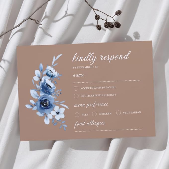 crafty-bell Glossy Finish Personalized Wedding RSVP Response Cards with White Envelopes, Blue Floral Design, 15 Count Respond Cards in Glossy Finish (Brown)