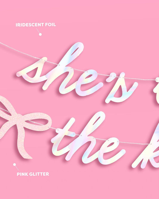 xo, Fetti She's Tying the Knot Banner - Iridescent Foil | 4.5 Ft. | Bow Bachelorette Decorations, Engagement Party Sign, Proposal Background, Bach Supplies
