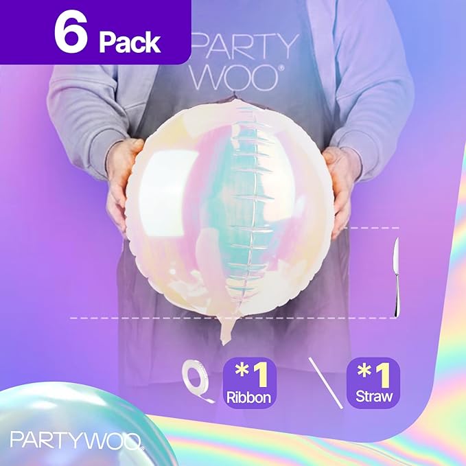 PartyWoo Iridescent Foil Balloons 6pcs 22 Inch Large Round Foil Big Giant 4D Jumbo Inflatable Mirror Ball Mylar Balloons for Wedding Anniversary Birthday Baby Shower Disco Party Decorations