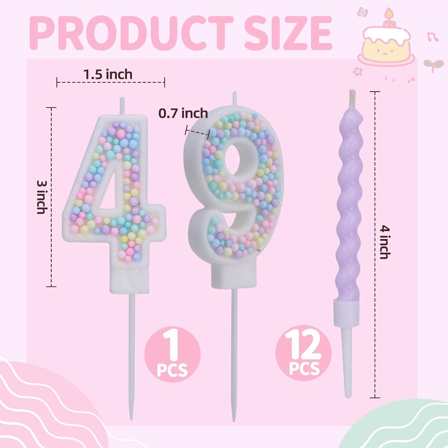 Number 4 Birthday Candles for Cake with 15 Pieces Spiral Candles with Macaron Pastel Rainbow Pink Cake Toppers for Girls Happy Birthday Party Decorations