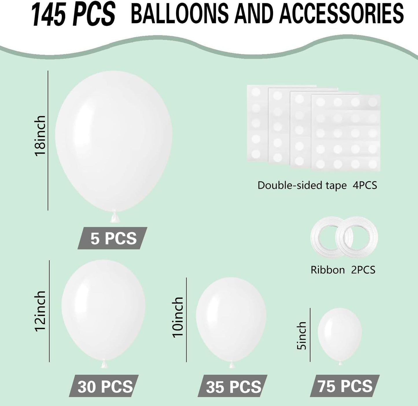 White Balloons 145pcs Different Sizes 5in 10in 12in 18in White Latex Balloon Helium Arch Kit Garland for Graduation Wedding Baby Shower Birthday Party Decoration
