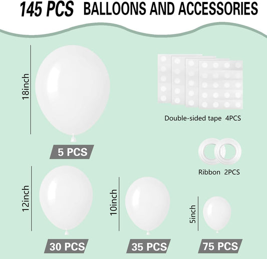 White Balloons 145pcs Different Sizes 5in 10in 12in 18in White Latex Balloon Helium Arch Kit Garland for Graduation Wedding Baby Shower Birthday Party Decoration