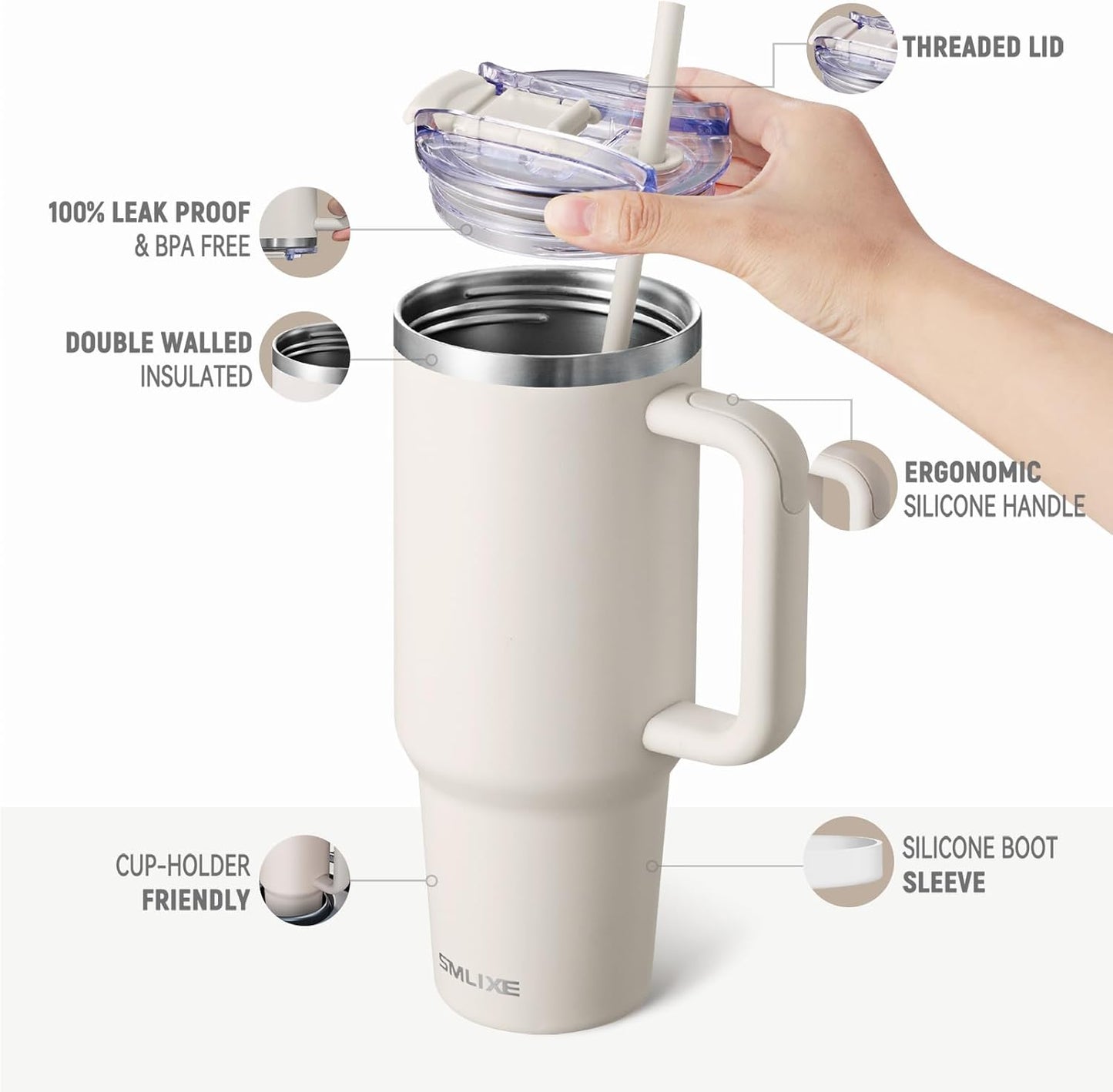 40 oz Tumbler with Handle and Straw Lid,Insulated Reusable Stainless Steel Water Bottle Travel Mug，Cupholder Friendly Double Wall Vacuum Sealed Cup (Almond Birch)