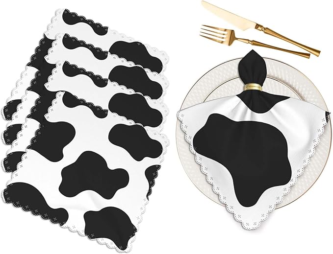 Milk Cow Spots Napkins Cloth Washable Set of 4 Animal Skin Texture Polyester Kitchen Dinner Napkins for Holiday Festive Wedding Decor 18 x 18 inch