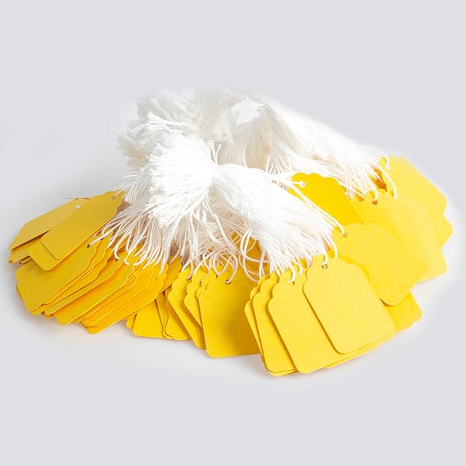 500pcs Marking Tags with String Attached, Paper Hangtags for Arts & Crafts DIY Gift Decorations Product Jewelry Clothing (1.88"x1.18", Yellow)
