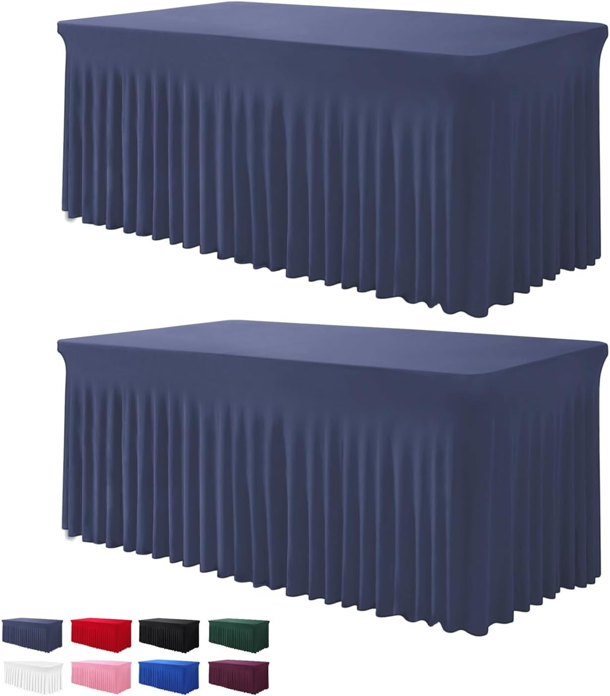 Table Skirt for 4 Foot Tables - 2 Pack One-Piece Navy Blue Tablecloths and Skirt, Wrinkle Resistant Ruffles Elastic Cover for Banquets, Weddings, Events, Parties