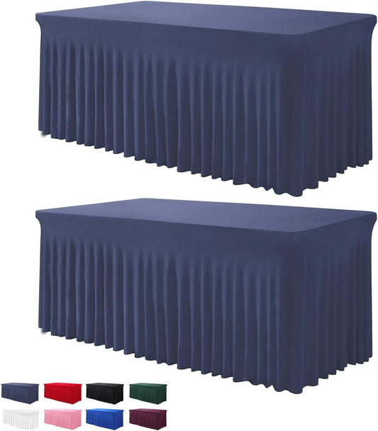 Table Skirt for 4 Foot Tables - 2 Pack One-Piece Navy Blue Tablecloths and Skirt, Wrinkle Resistant Ruffles Elastic Cover for Banquets, Weddings, Events, Parties