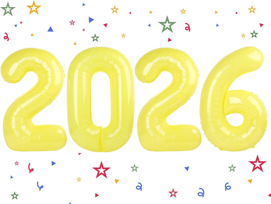 2026 Balloon - Yellow Birthday Number Balloons, 40 Inch Large Foil Balloons for Men Women Boys Girls Macaron Yellow Themed Birthday Decorations，Number 2026 Balloon