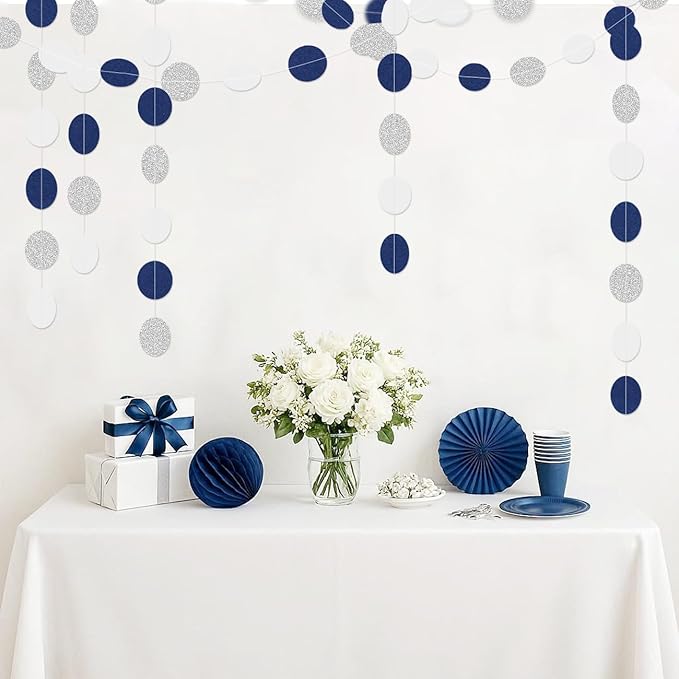 Silver Navy-Blue White Birthday-Party-Decorations - 52Ft Paper Garland Circle Dots Streamer Graduation Banner Christmas Decoration Baby Shower Bridal Engagement Bachelorette Hanging Decor HongTongTong