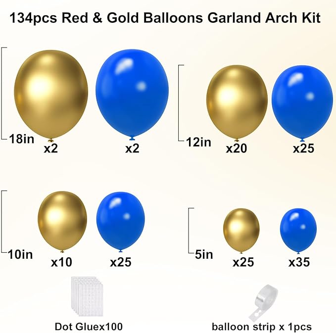 YMSZ Royal Blue and Gold Balloons Garland Arch Kit, 134pcs Metallic Gold and Blue Balloons for Birthday, Baby Shower, Anniversary, Graduation Party Decorations