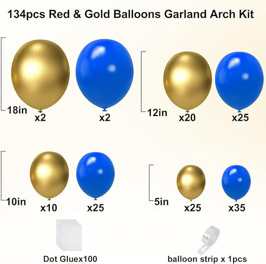 YMSZ Royal Blue and Gold Balloons Garland Arch Kit, 134pcs Metallic Gold and Blue Balloons for Birthday, Baby Shower, Anniversary, Graduation Party Decorations