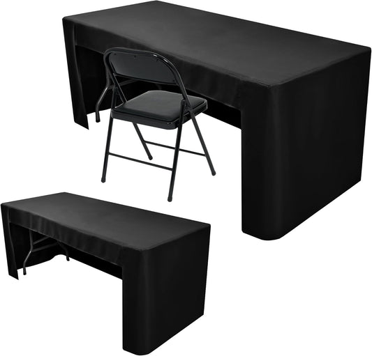 Nasitos 2 Pack Fitted Black Tablecloth for 4 Foot Tables - Open Back Washable Fabric Table Topper for Trade Show, Craft Show, Events, Vendor Booth