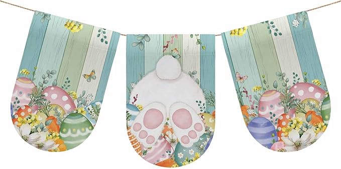 Cute Easter Bunny Banner 3Pcs Indoor Outdoor Hanging Banner Flag Eucalyptus Leaves Colorful Eggs Wooden Sign for Fireplace Mantel Decorative Bunting Garland Valance for Shop Door Decor 7.9"x11.8"