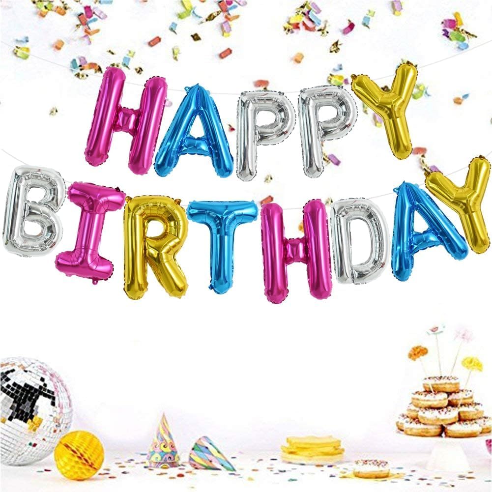 TONIFUL 16 Inch Mylar Letters Birthday Sign Banner Balloon,Happy Birthday Balloons Banner with Ribbon Straw Bunting Reusable for Adults & Girls Boys Kids Birthday Halloween Supplies（Rainbow）