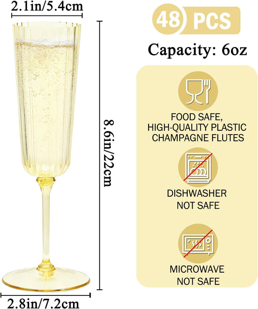 48 Pack Golden Champagne Flutes Plastic, Stripe Detachable Acrylic Champagne Glasses, Disposable Cocktail Drinking Cups, Reusable Wine Flutes, Cocktail Toasting Glasses for Wedding, Party