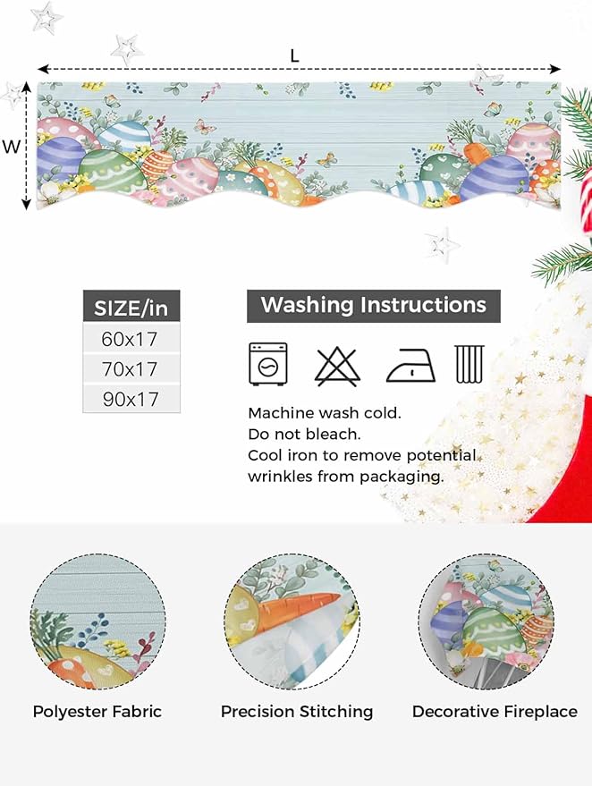 Easter Eggs Fireplace Mantel Scarf Table Runner, Spring Botanical Flowers Eucalyptus Leaf Wood Winter Garland Mantel Top Tablerunners Dresser Scarves Cover for Windows Party Living Room 60''x17''