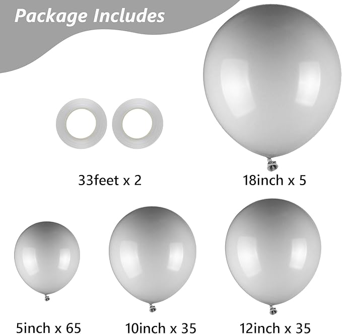 Grey Balloons, 140pcs 18 12 10 5 Inch Different Sizes Pack Party Latex Balloons for BOHO Birthday Halloween Holiday Balloon Garland as Party Decorations