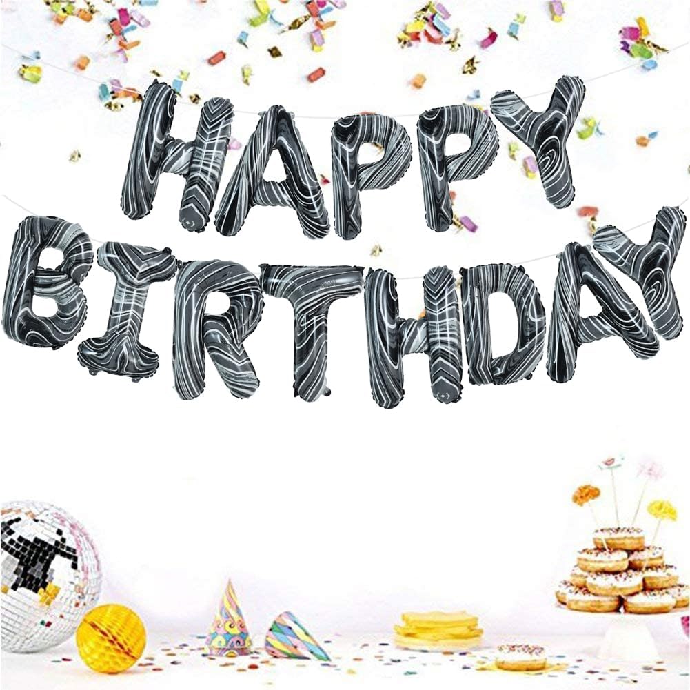 TONIFUL Black Marble Happy Birthday Balloons Banner,16 Inch Mylar Foil Letters Birthday Sign Bunting for Girls Boys Kids & Adults Birthday Decorations and Party Supplies