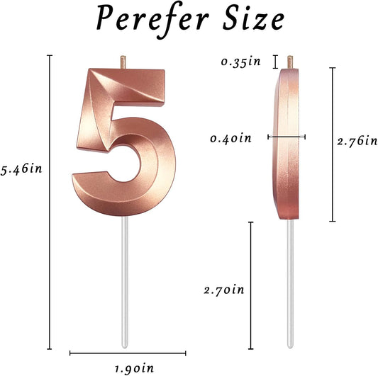 Rose Gold Number 5 Candles, 3D Diamond 2.76 Inch Cake Topper Birthday Candles for Wedding Anniversary Cake Decorations, Happy Birthday Party Decorations