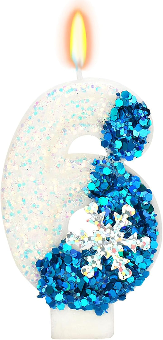 Snow Themed Birthday Candles, 6th Birthday Candle for Party Supplies, Winter Birthday Party Supplies, 2.76 inch Number 6 Cake Topper Decoration (Number 6)
