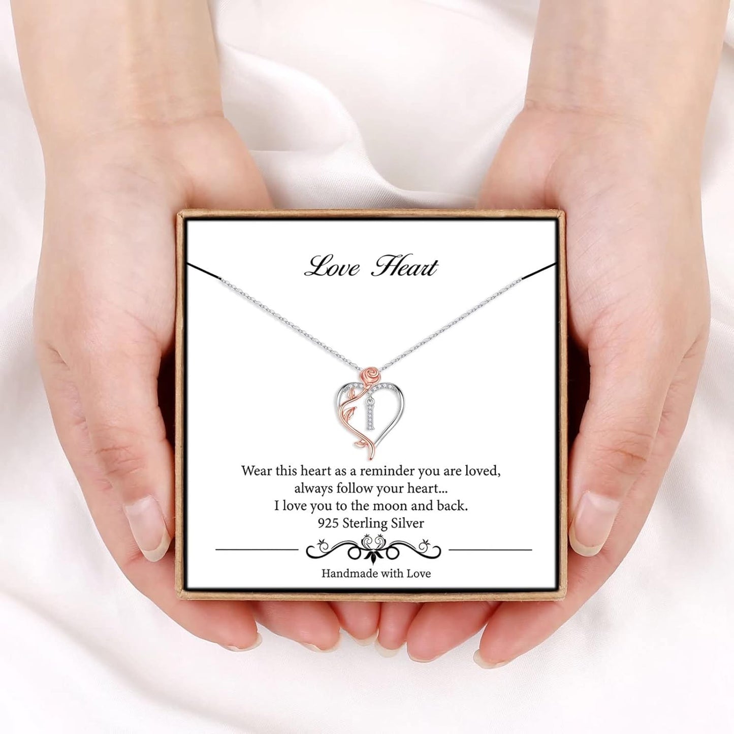 Iefil Rose Heart Necklaces Gifts for Women - 925 Sterling Silver Rose Heart Initial Necklace, Anniversary Birthday Gifts for Women, Jewelry Gift for Her Wife Girlfriend Mom Daughter
