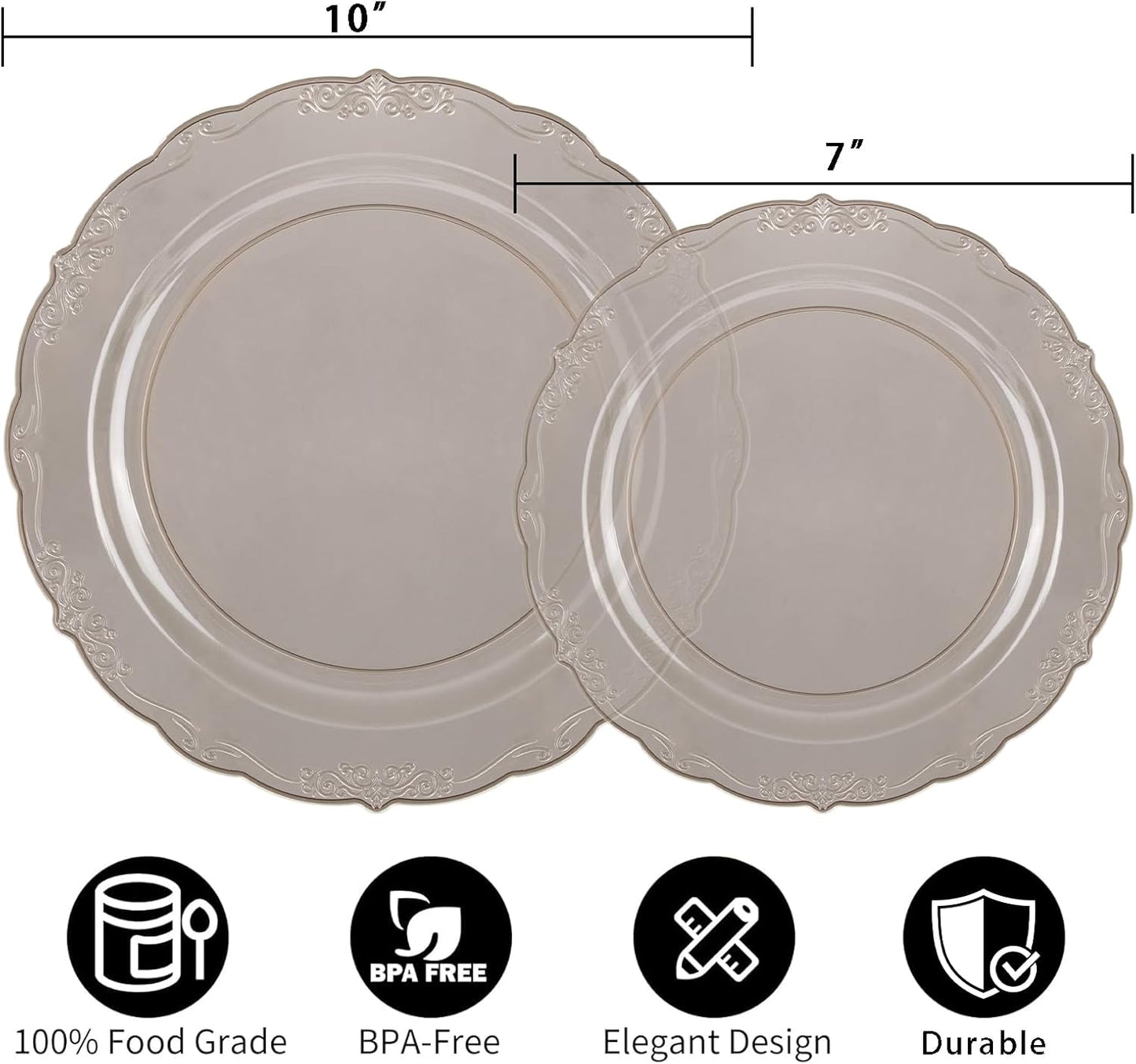 U-QE 100PCS Clear Black Plastic Plates - Heavy Duty Halloween Plates Disposable Including 50PCS 10'' Dinner & 50PCS 7.5'' Dessert Plates - Hard Halloween Plastic Plate for Party